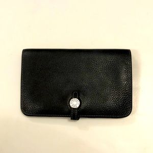 Hermes Dogon Long Wallet Dark Charcoal Grey White Stitch 4 pocket Used Condition